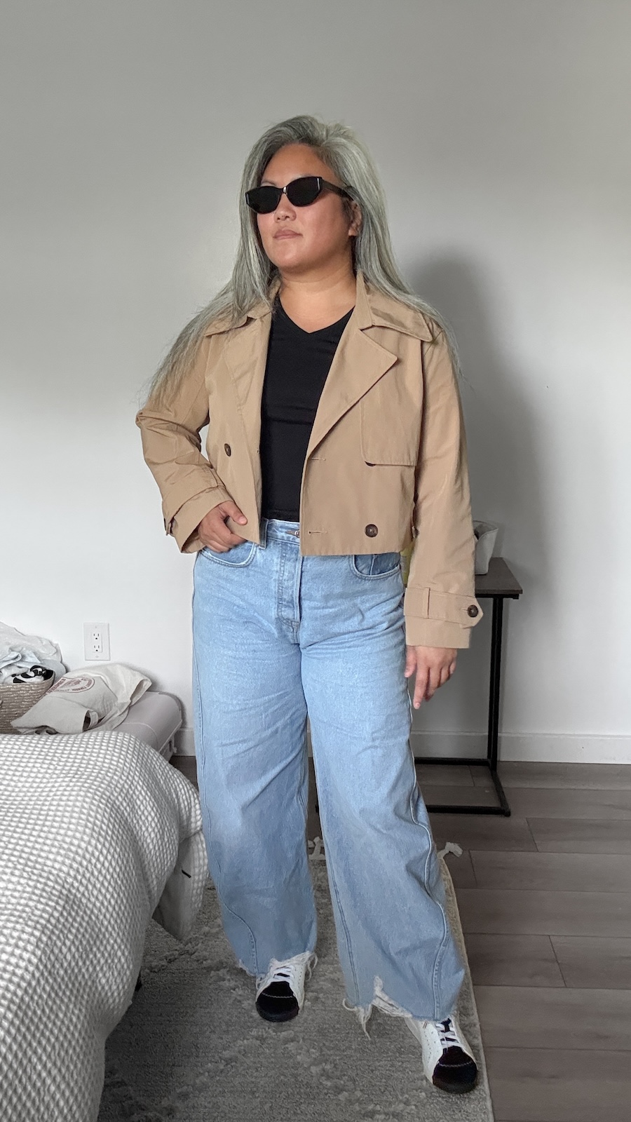 Abercrombie and Fitch Cropped Trench Coat GRLFRND Barrel Jeans REVOLVE Fall Outfit Idea